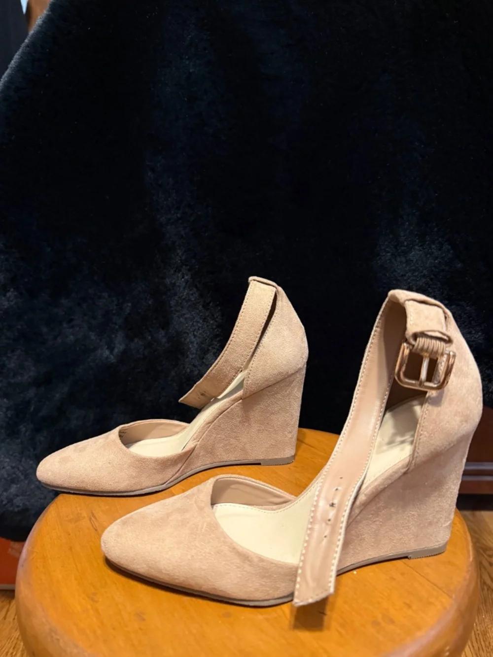 Beige suede like wedges with ankle straps
